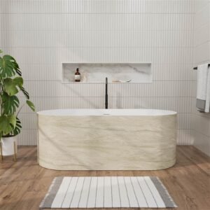 Freistehende Solid Surface Badewanne Beige Marmor-Optik