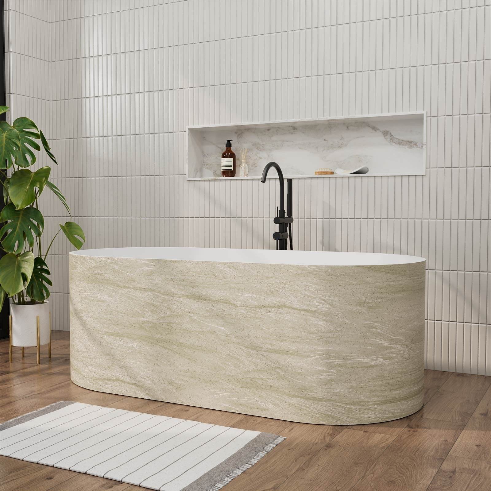 Freistehende Solid Surface Badewanne Beige Marmor-Optik – Bild 2