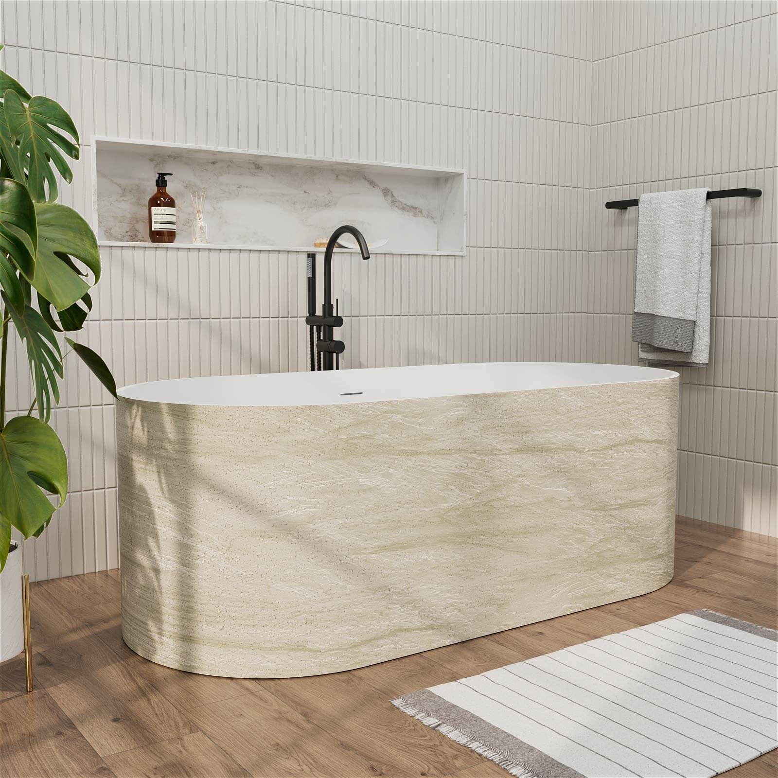 Freistehende Solid Surface Badewanne Beige Marmor-Optik – Bild 3