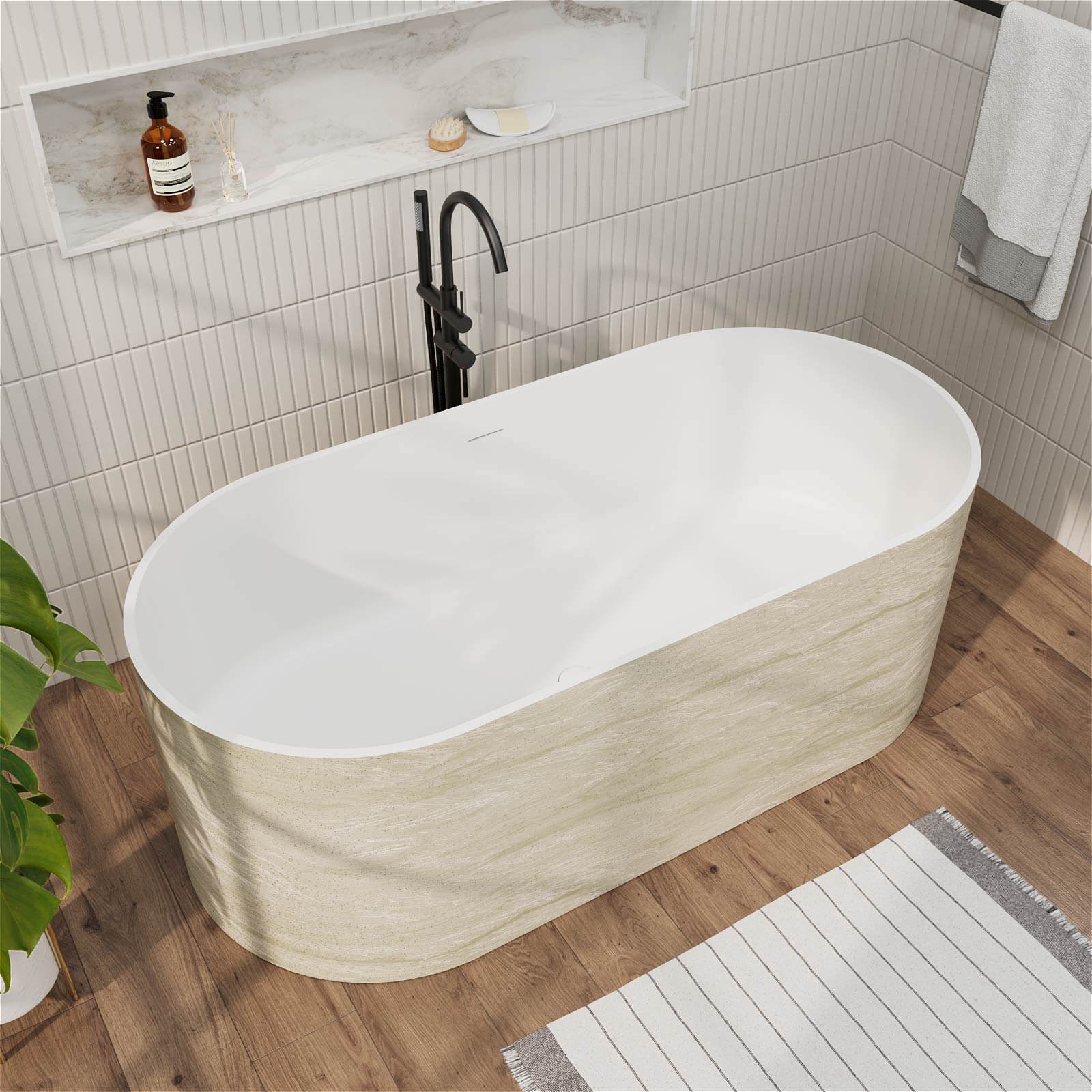 Freistehende Solid Surface Badewanne Beige Marmor-Optik – Bild 4