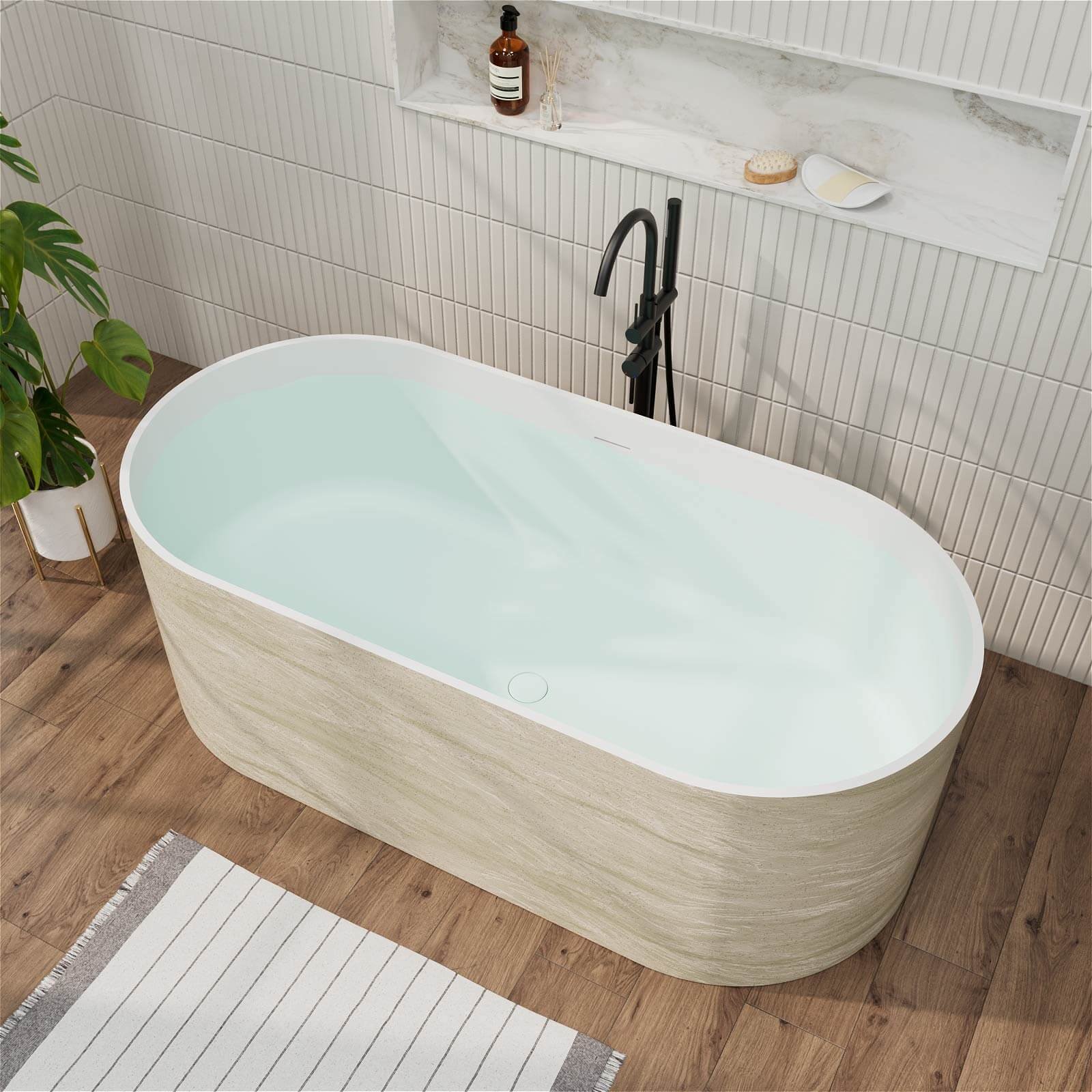 Freistehende Solid Surface Badewanne Beige Marmor-Optik – Bild 5