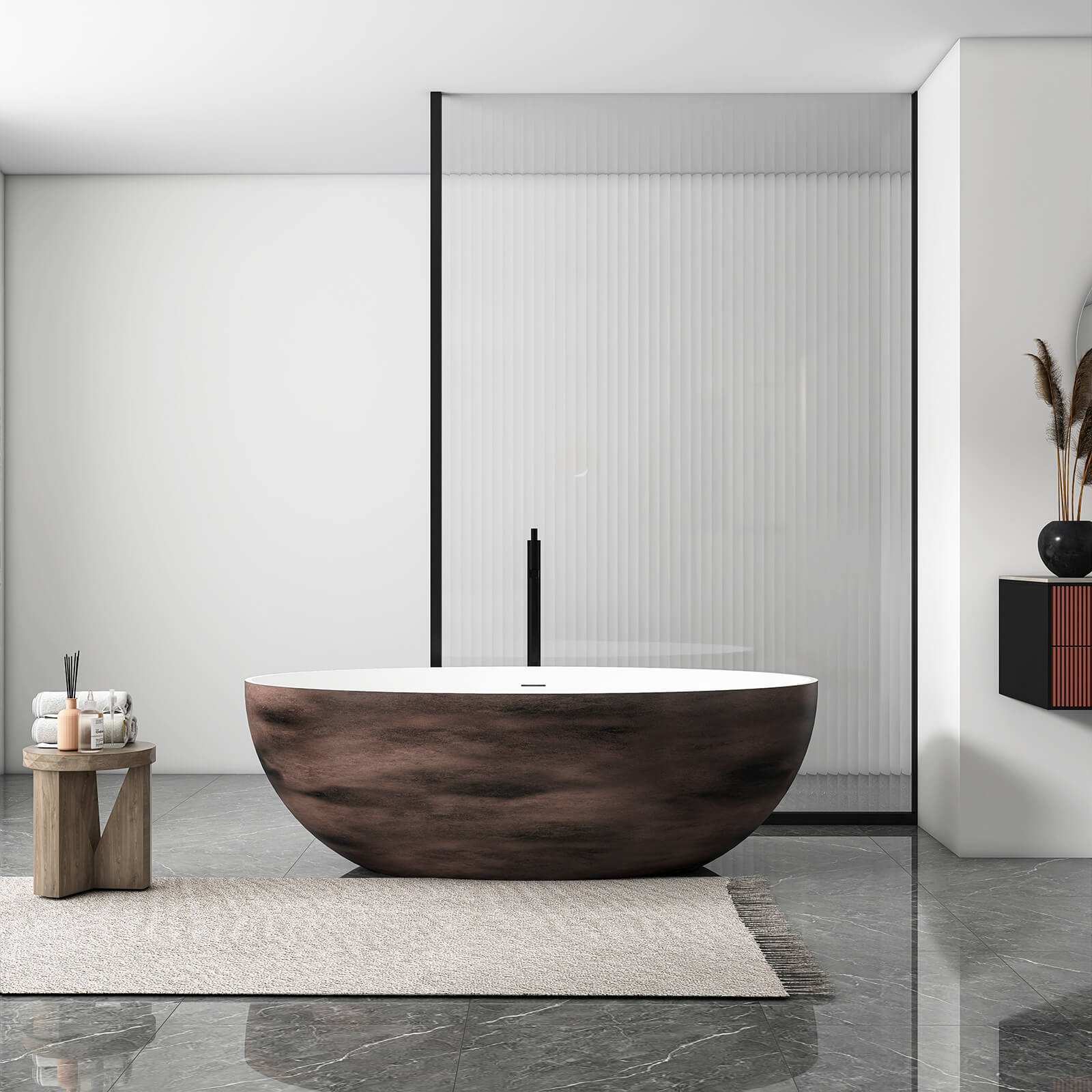 Freistehende Badewanne Nussbaum-Optik | Luxus Solid Surface