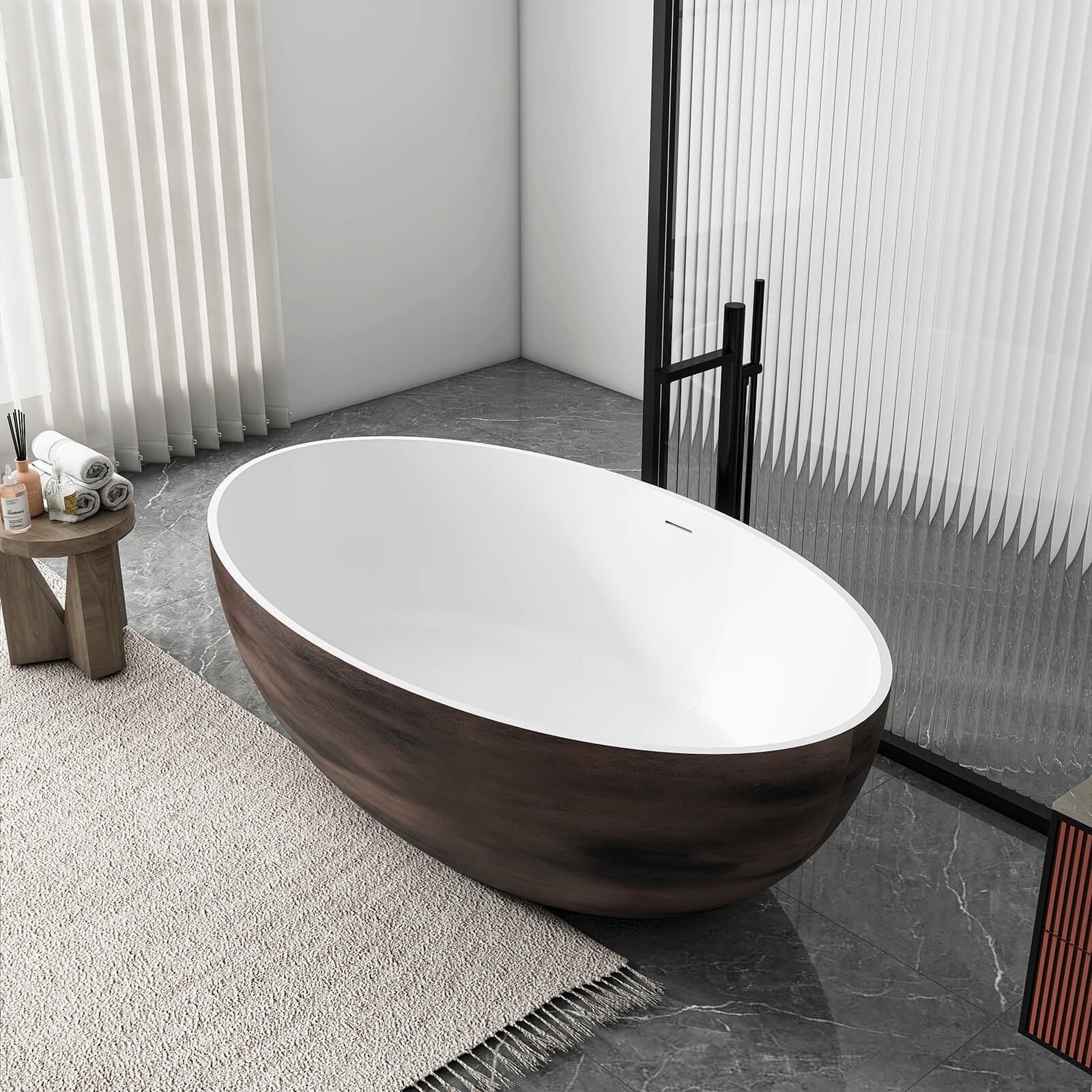 Freistehende Badewanne Nussbaum-Optik | Luxus Solid Surface – Bild 2