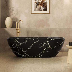 Luxus-Freistehwanne Schwarz-Gold Marmor-Look, Oval 175 cm