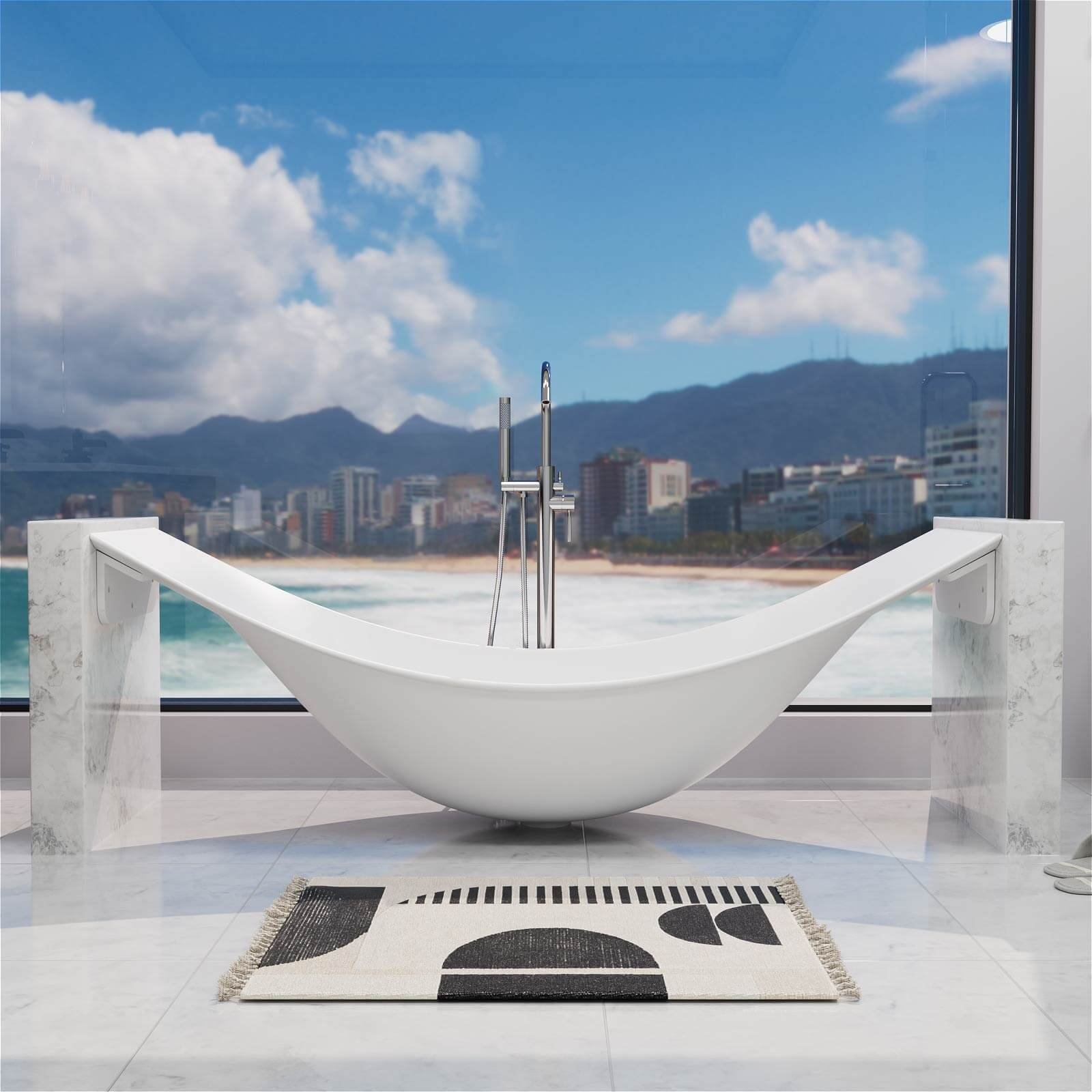 Freischwebende Design-Badewanne aus Mineralguss