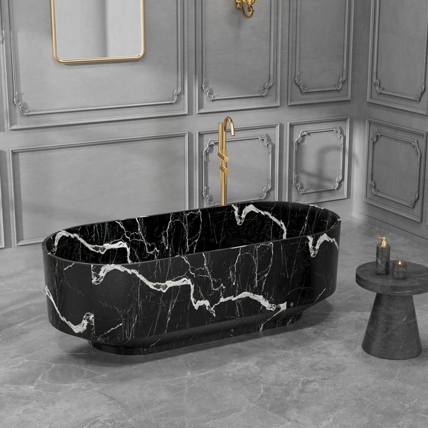 Freistehende Badewanne Schwarz-Marmor-Look, 170 cm – Bild 3