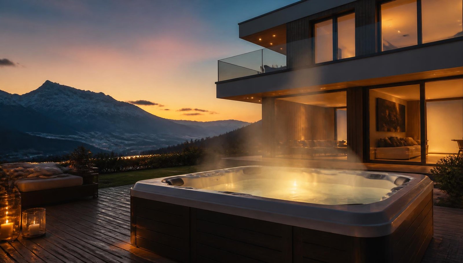Outdoor hot tub on a terrace at dusk